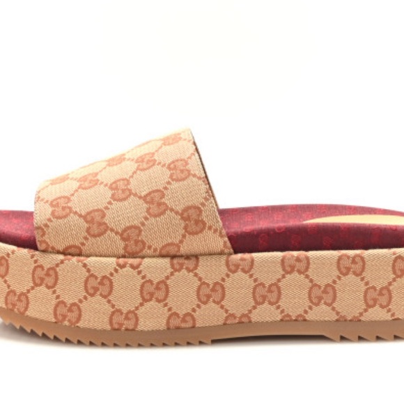 Gucci Canvas GG Monogram Angelina Platform Slide Sandals Size 38 - Picture 3 of 6